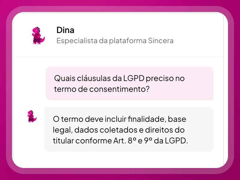 Interface de chat com a Dina, assistente de IA de compliance da Sincera