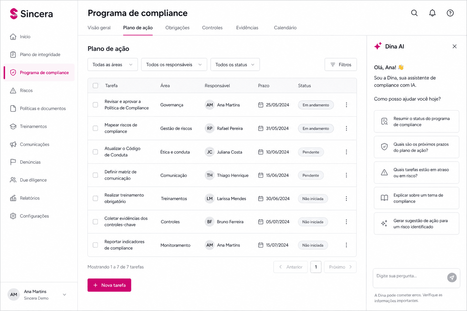 Programa de compliance na plataforma Sincera