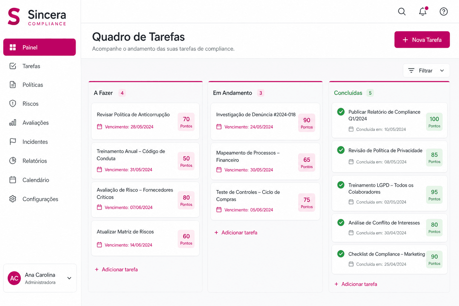 Painel de tarefas de compliance na Sincera
