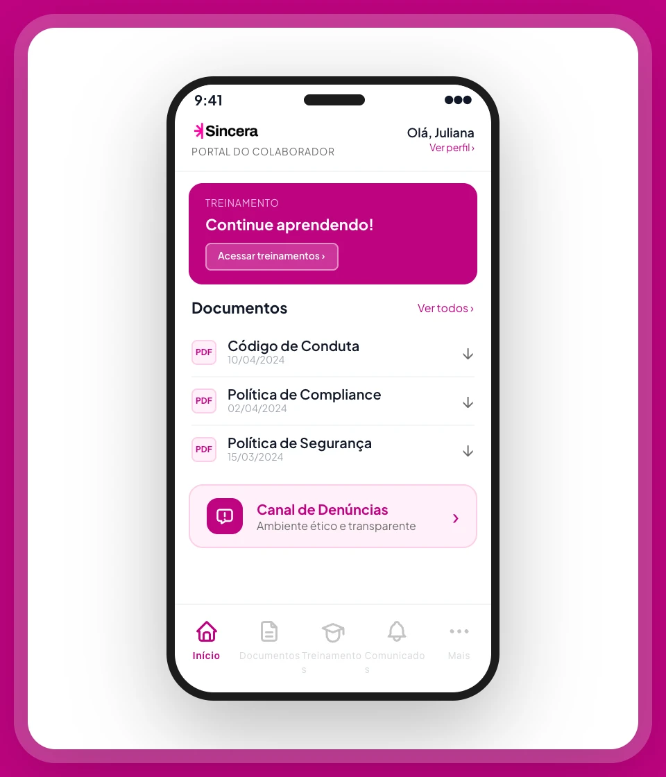 Screenshot do portal do colaborador Sincera